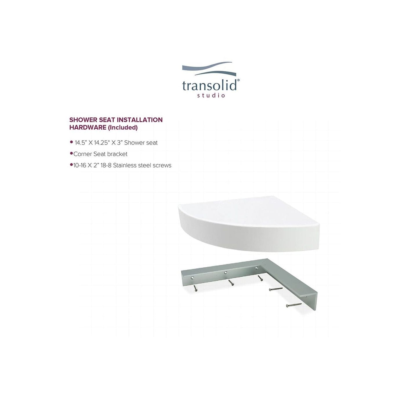 Transolid Studio, siège de douche d'angle mural en surface solide, 14 po x 14 po - 14,5 x 14,25 x 3