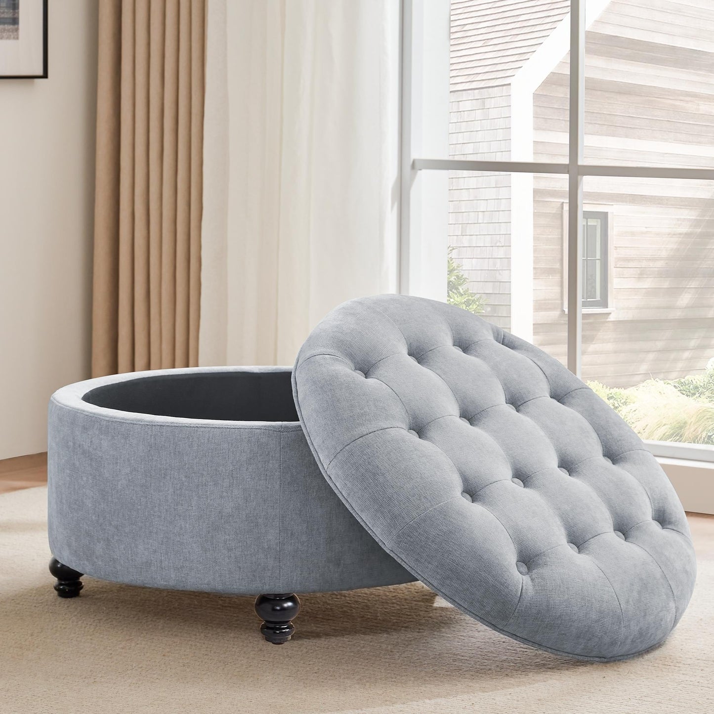 Tabouret de rangement rond capitonné, grand modèle, pied de repose, beige/gris/bleu