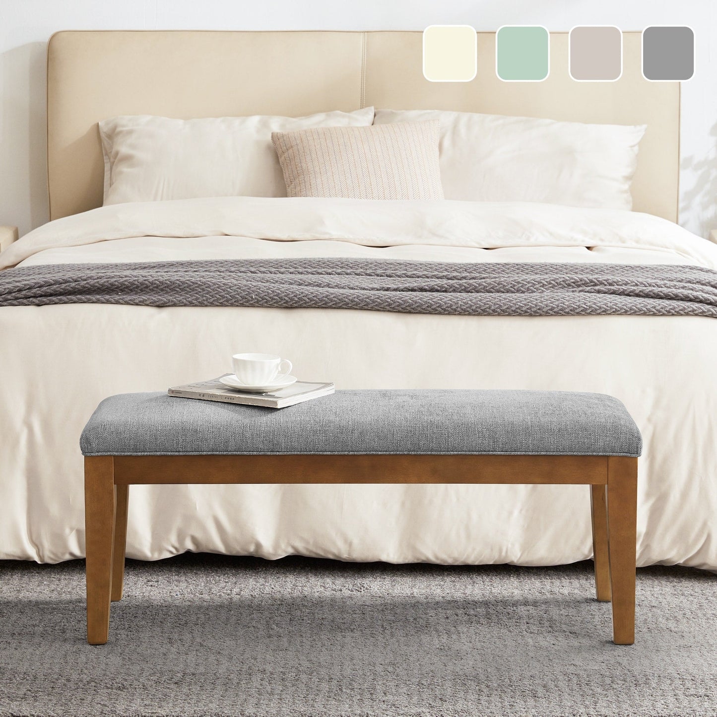Banc d'entrée recouvert de tissu, banc de chambre à coucher pour le pied du lit beige, en bois massif, 44 pouces