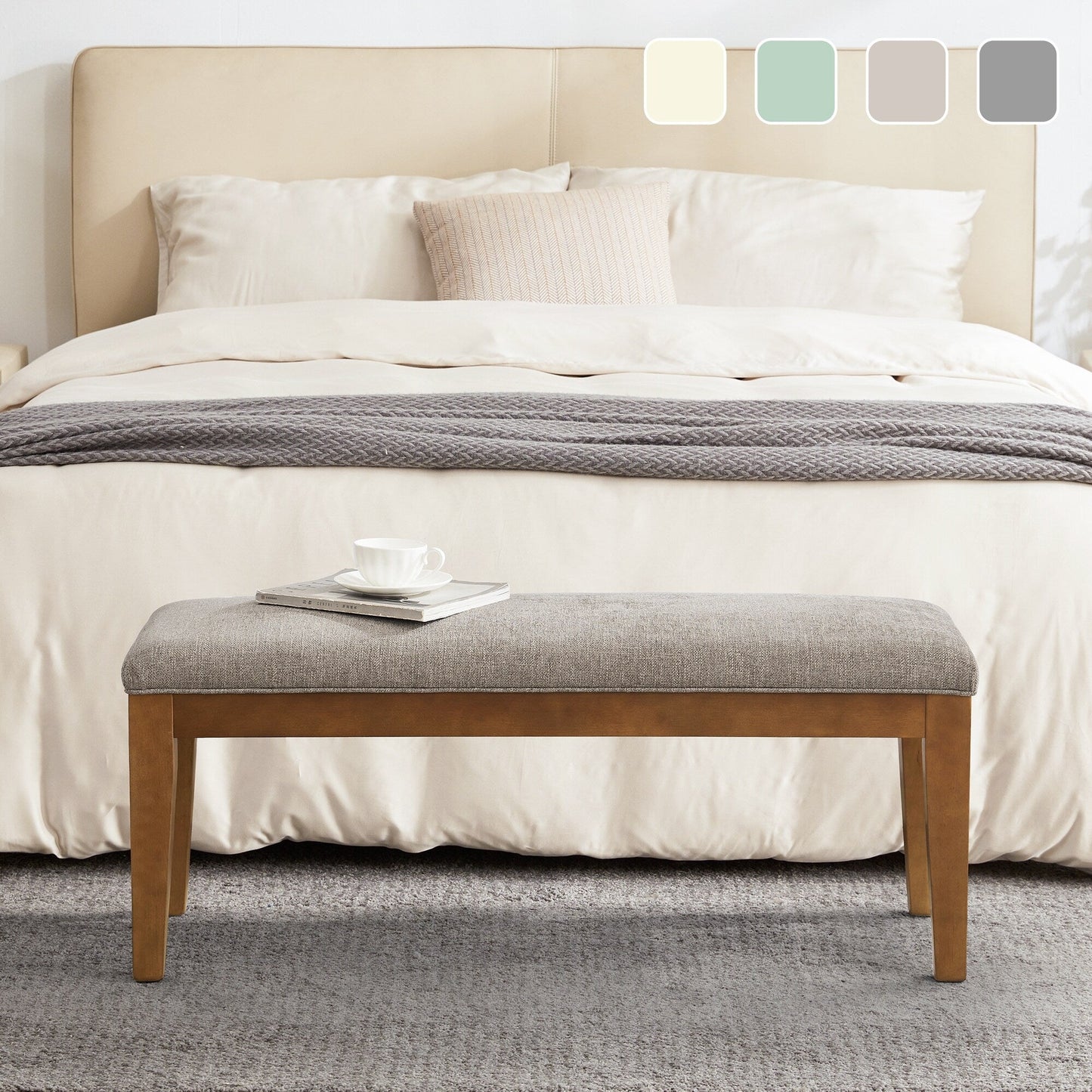 Banc d'entrée recouvert de tissu, banc de chambre à coucher pour le pied du lit beige, en bois massif, 44 pouces