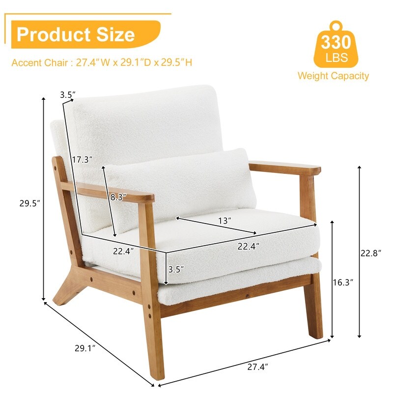 Fauteuil d'appoint en lin mélangé avec pieds en bois et un coussin beige.