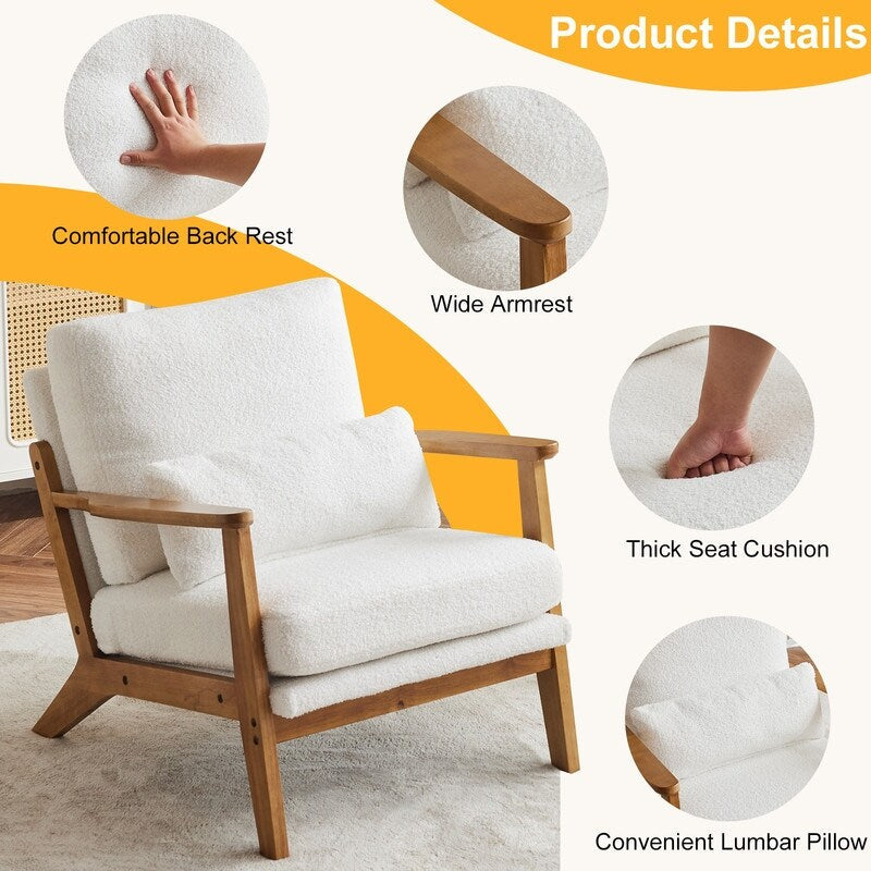 Fauteuil d'appoint en lin mélangé avec pieds en bois et un coussin beige.
