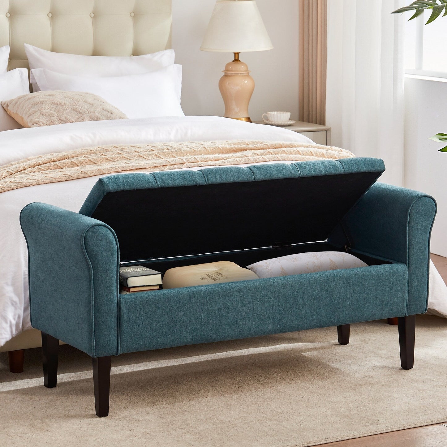 Banc de rangement capitonné, banc avec accoudoirs, banc d'entrée avec couvercle à rabat, 50,4 pouces.