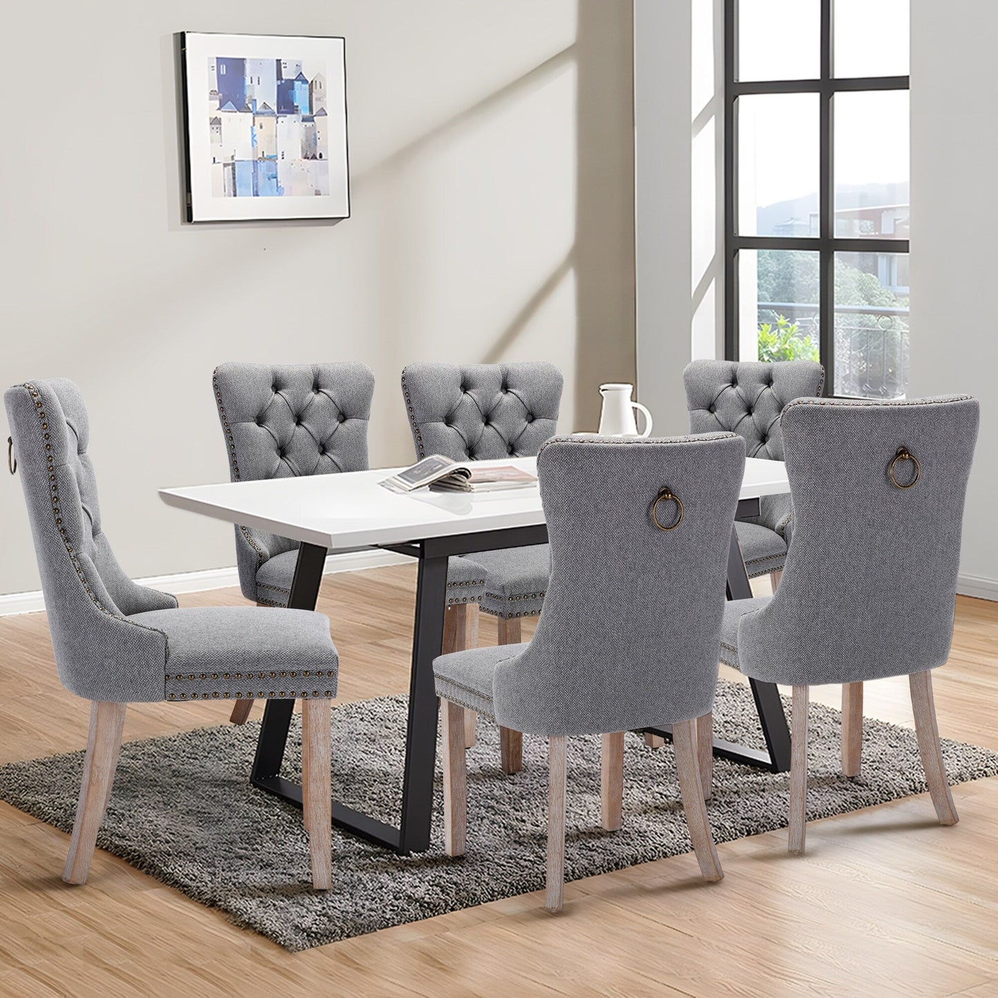 Lot de 6 chaises de salle à manger en velours capitonné avec pieds en bois massif.