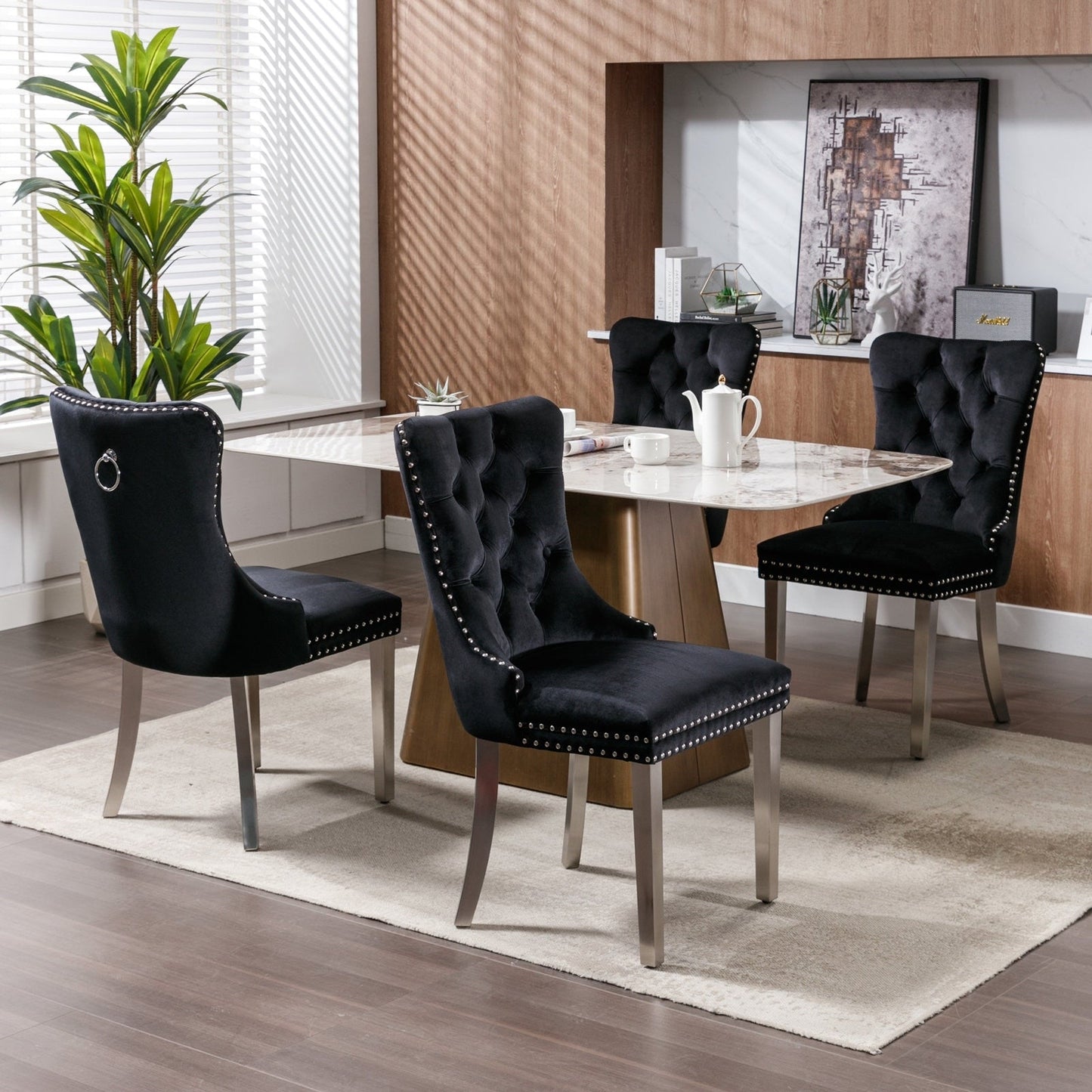 Lot de 6 chaises de salle à manger en velours capitonné avec pieds en bois massif.
