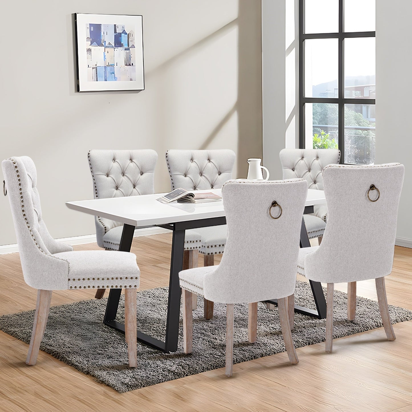 Lot de 6 chaises de salle à manger en velours capitonné avec pieds en bois massif.