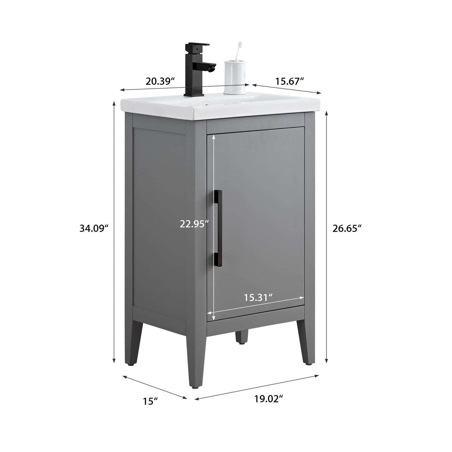 Meuble-lavabo de salle de bain Vanity Art à lavabo simple, 20, 24 ou 30 pouces, avec dessus en céramique.