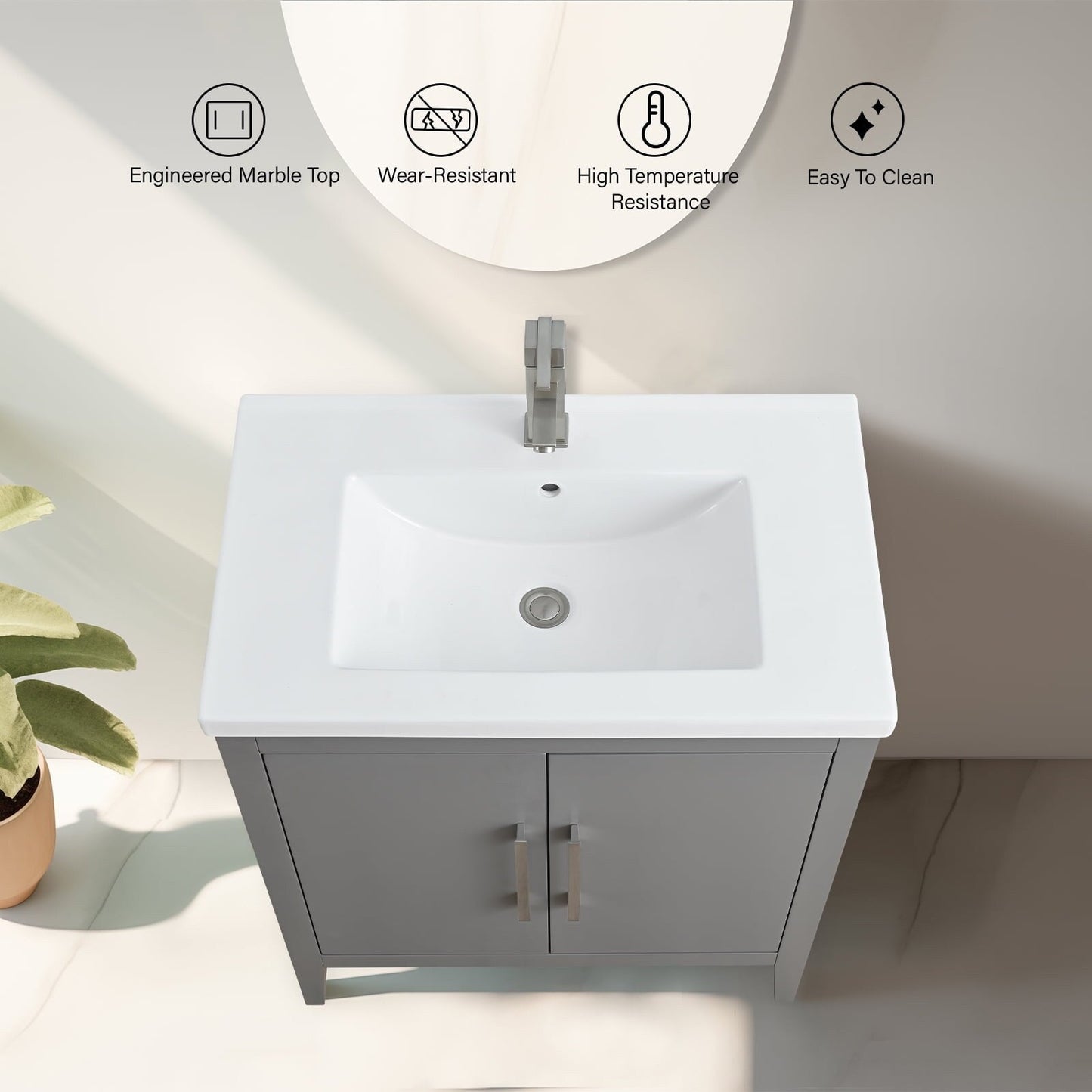Meuble-lavabo de salle de bain Vanity Art à lavabo simple, 20, 24 ou 30 pouces, avec dessus en céramique.