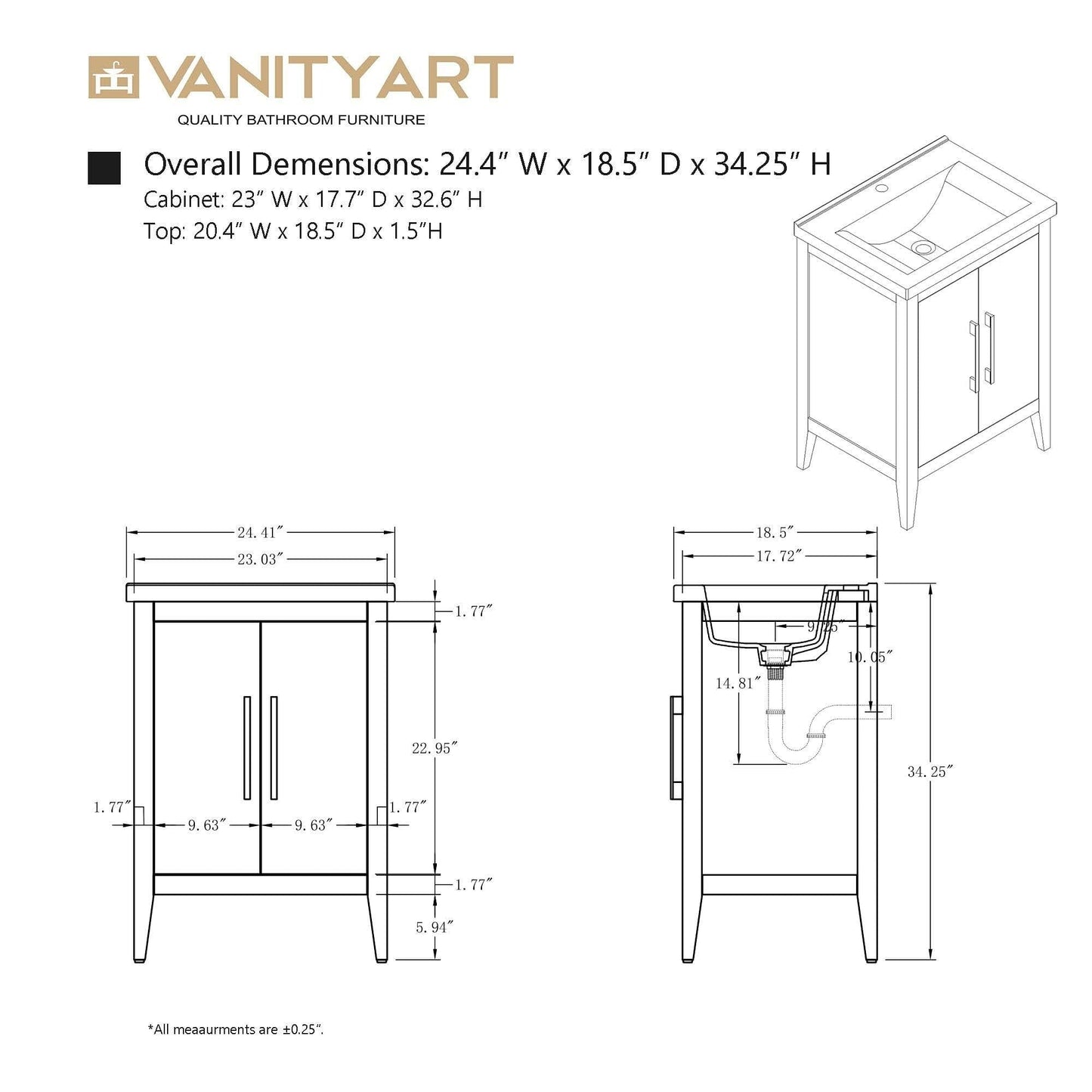 Meuble-lavabo de salle de bain Vanity Art à lavabo simple, 20, 24 ou 30 pouces, avec dessus en céramique.
