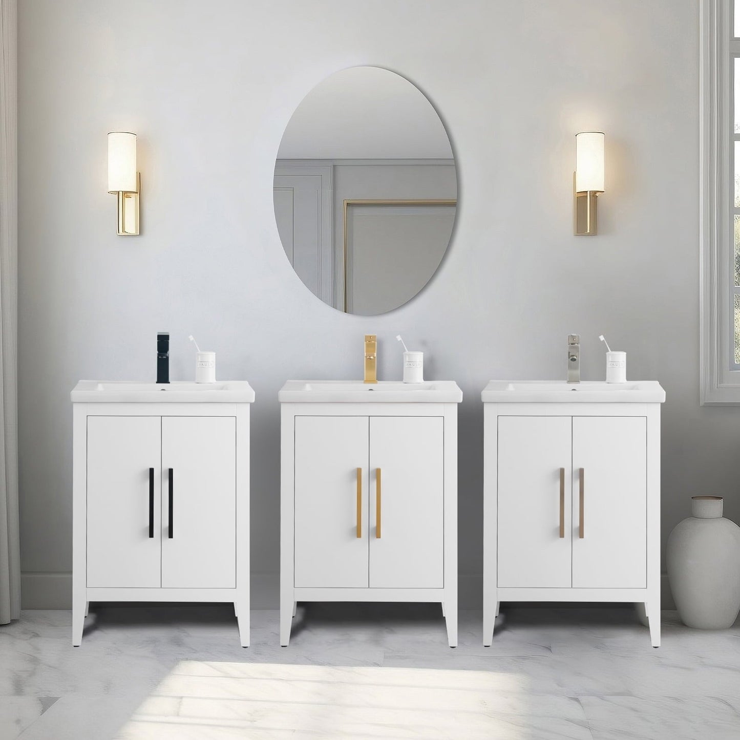 Meuble-lavabo de salle de bain Vanity Art à lavabo simple, 20, 24 ou 30 pouces, avec dessus en céramique.