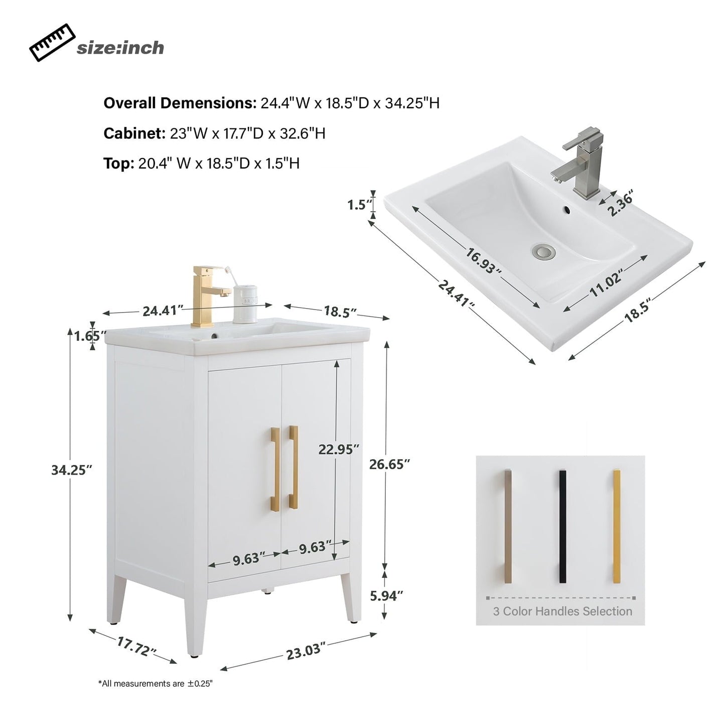Meuble-lavabo de salle de bain Vanity Art à lavabo simple, 20, 24 ou 30 pouces, avec dessus en céramique.