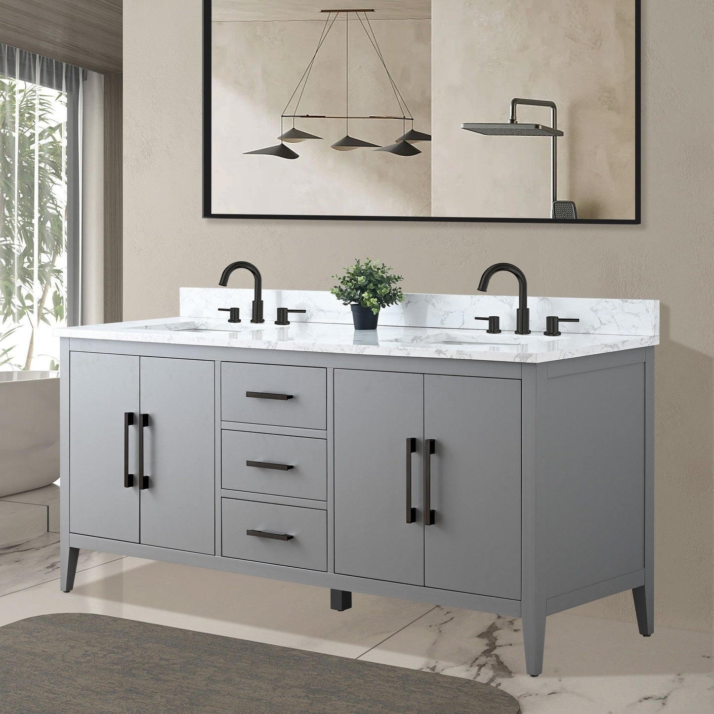 Meuble-lavabo double vasque Vanity Art 72 avec plan de travail en marbre composite.