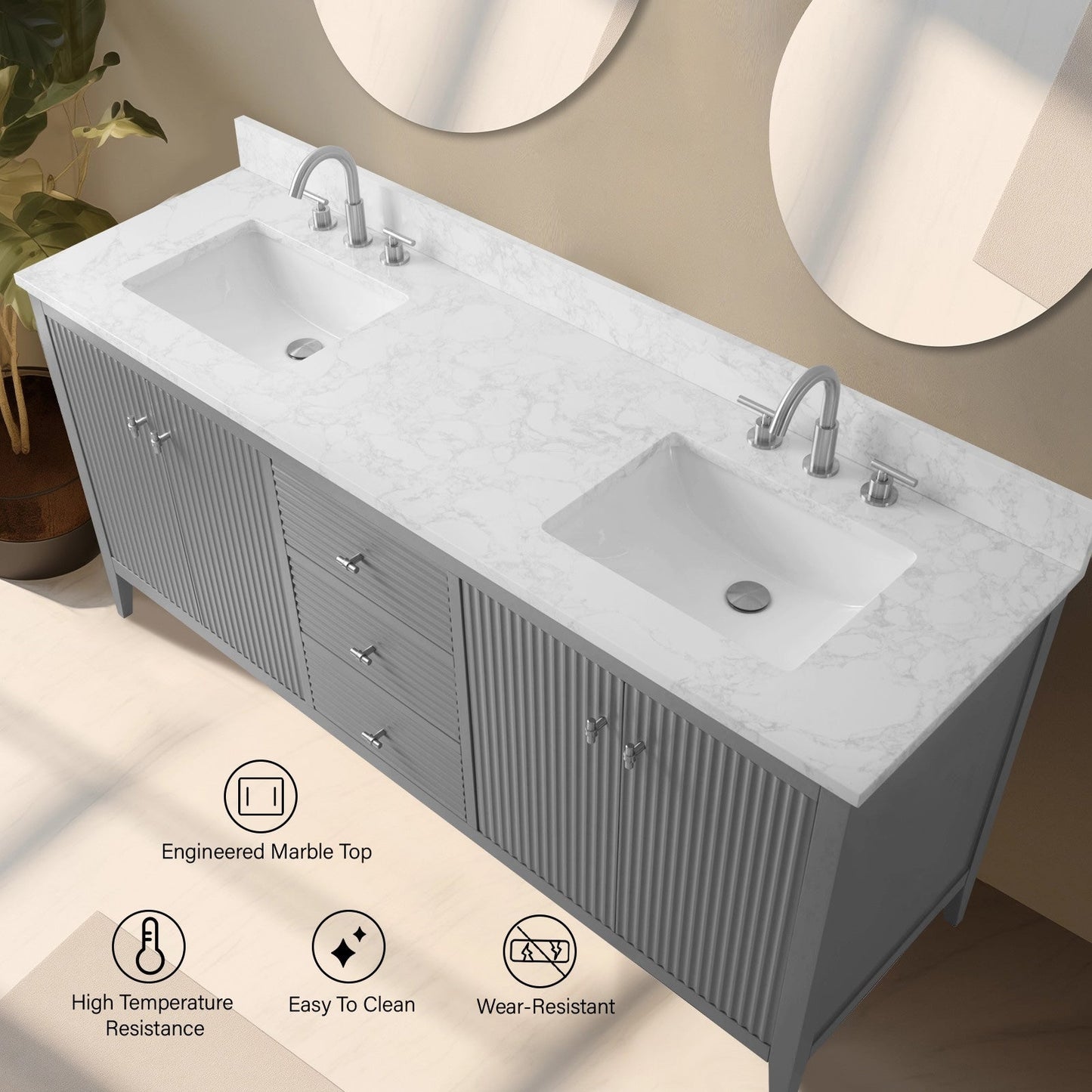 Meuble-lavabo double vasque Vanity Art 72 avec plan de travail en marbre composite.