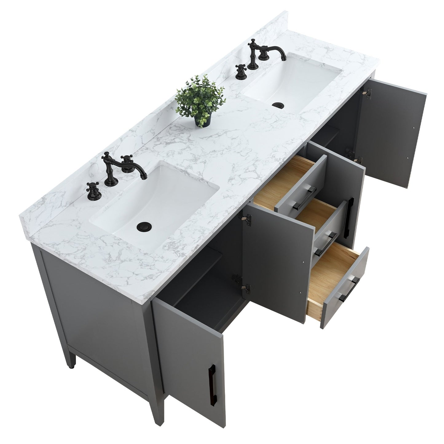 Meuble-lavabo double vasque Vanity Art 72 avec plan de travail en marbre composite.