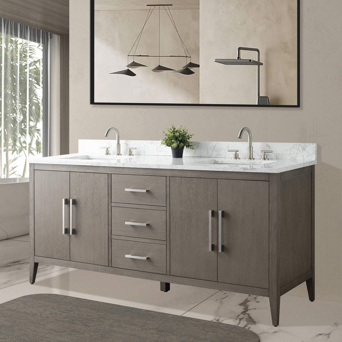 Meuble-lavabo double vasque Vanity Art 72 avec plan de travail en marbre composite.