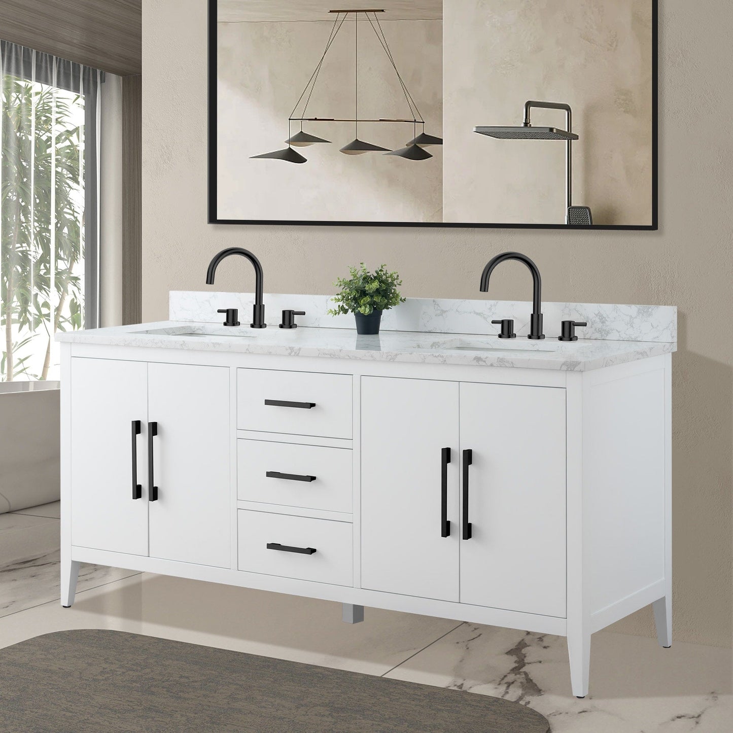 Meuble-lavabo double vasque Vanity Art 72 avec plan de travail en marbre composite.