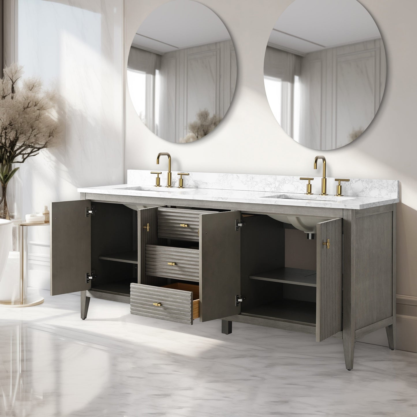 Meuble-lavabo double vasque Vanity Art 72 avec plan de travail en marbre composite.