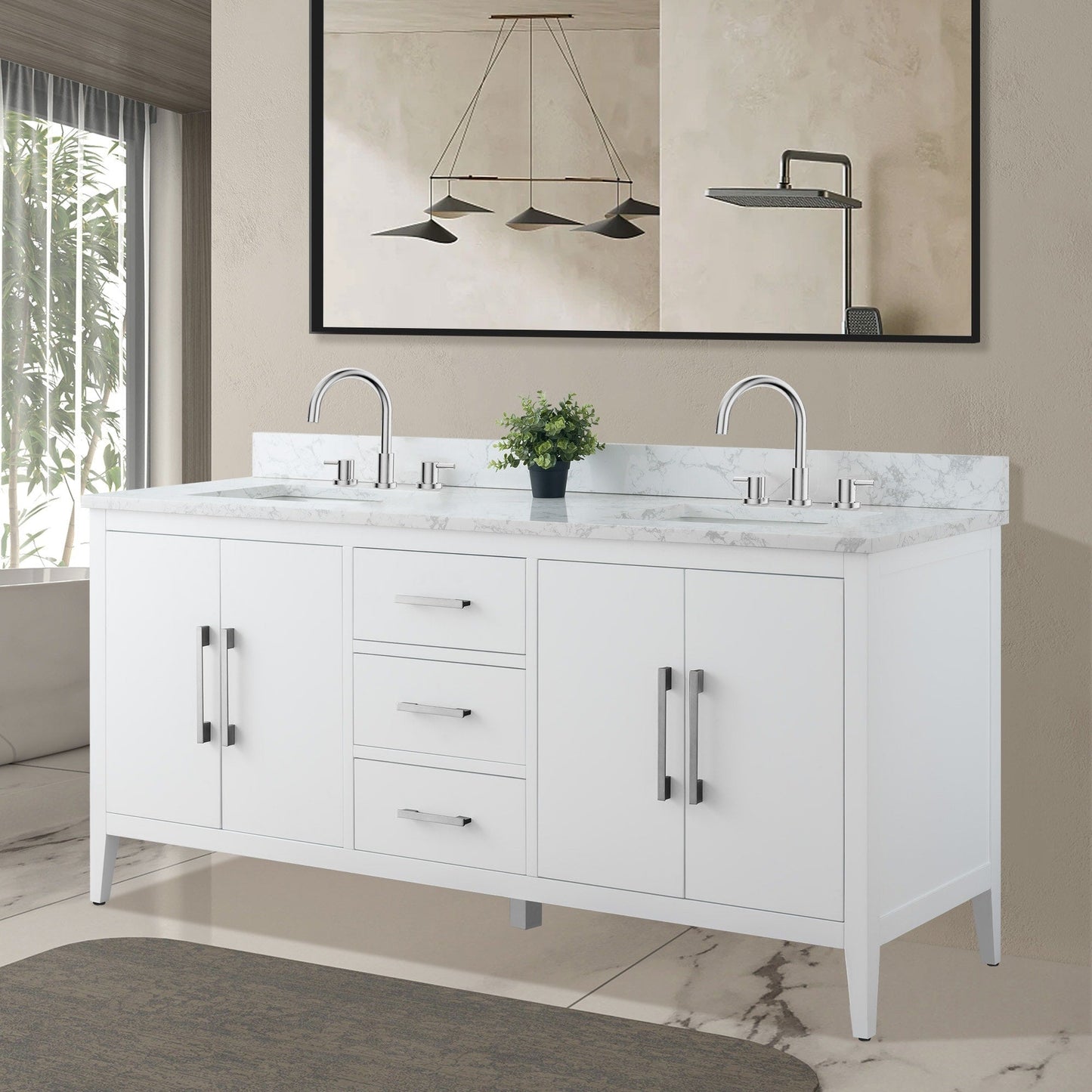 Meuble-lavabo double vasque Vanity Art 72 avec plan de travail en marbre composite.