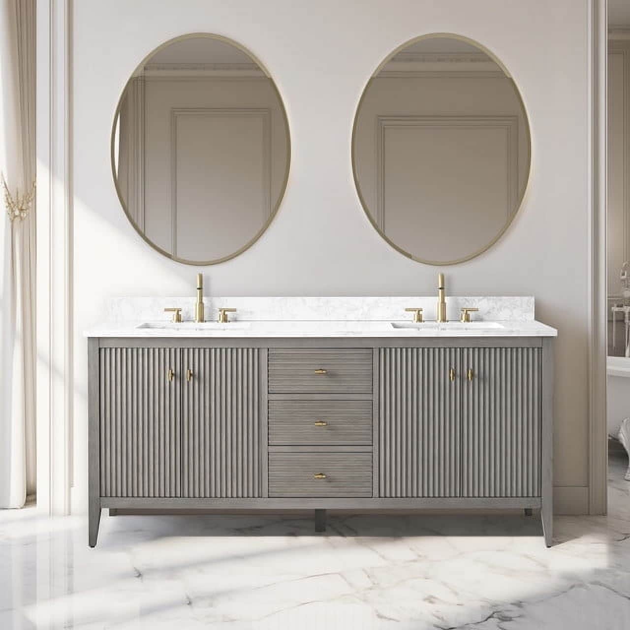 Meuble-lavabo double vasque Vanity Art 72 avec plan de travail en marbre composite.