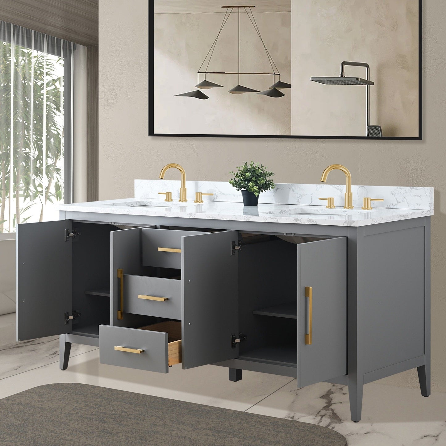 Meuble-lavabo double vasque Vanity Art 72 avec plan de travail en marbre composite.