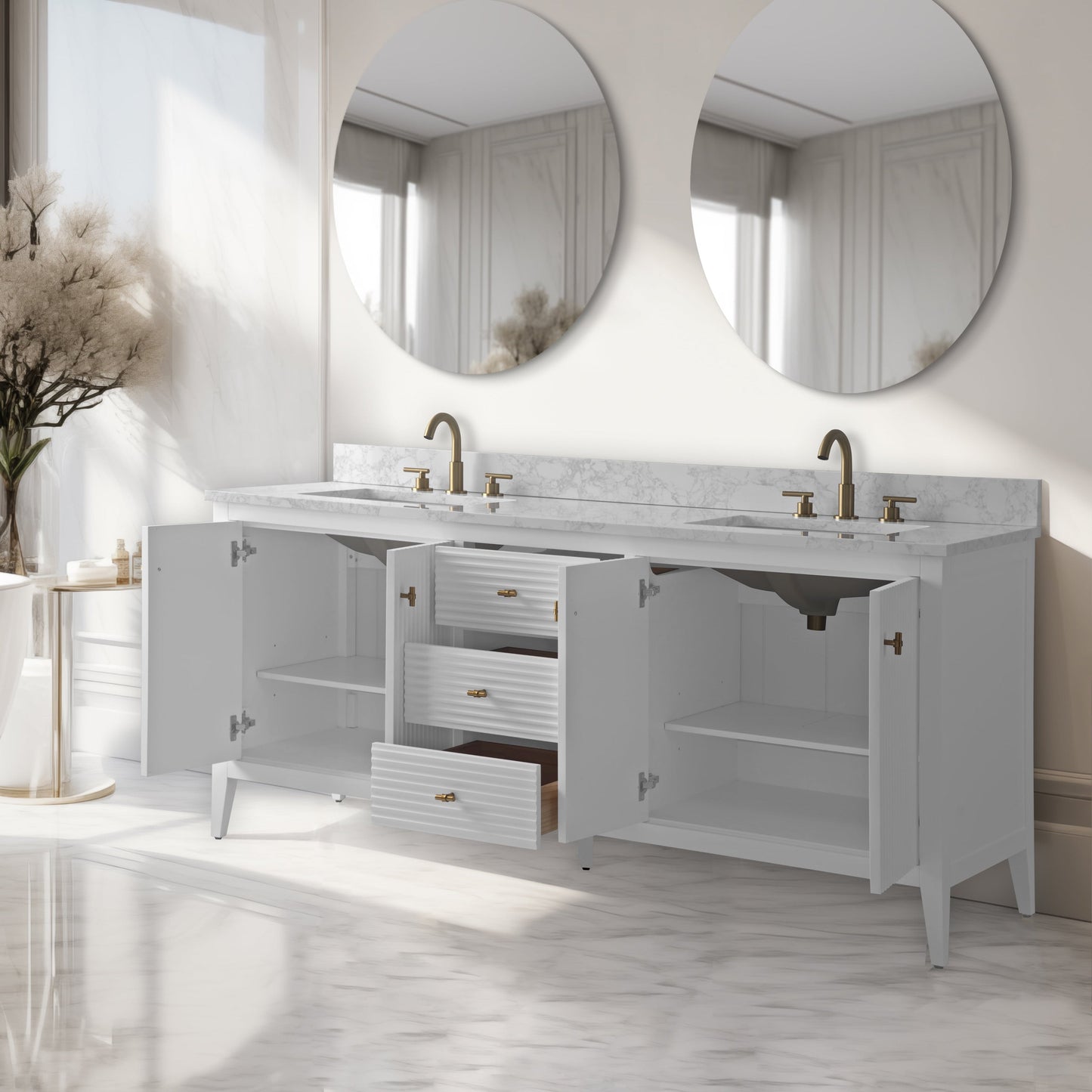 Meuble-lavabo double vasque Vanity Art 72 avec plan de travail en marbre composite.