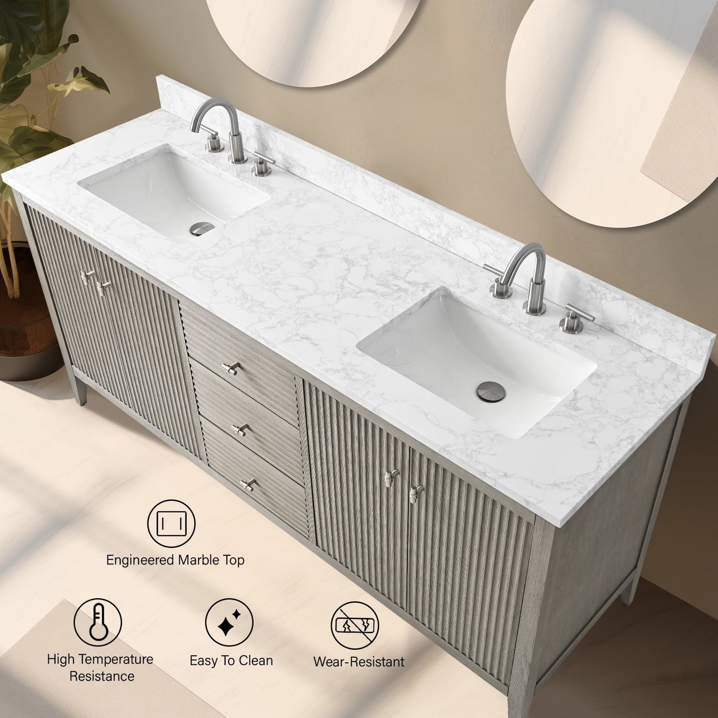 Meuble-lavabo double vasque Vanity Art 72 avec plan de travail en marbre composite.