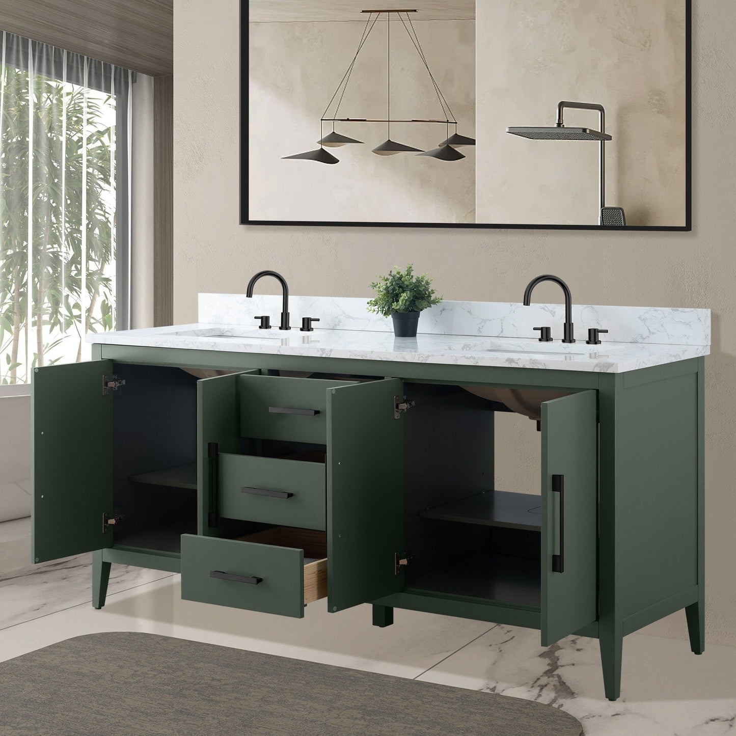 Meuble-lavabo double vasque Vanity Art 72 avec plan de travail en marbre composite.