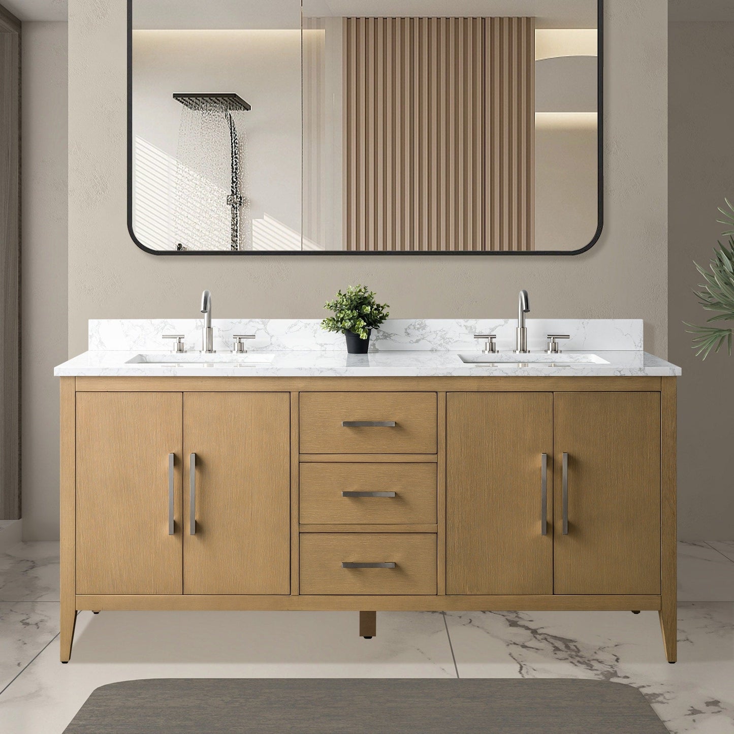 Meuble-lavabo double vasque Vanity Art 72 avec plan de travail en marbre composite.