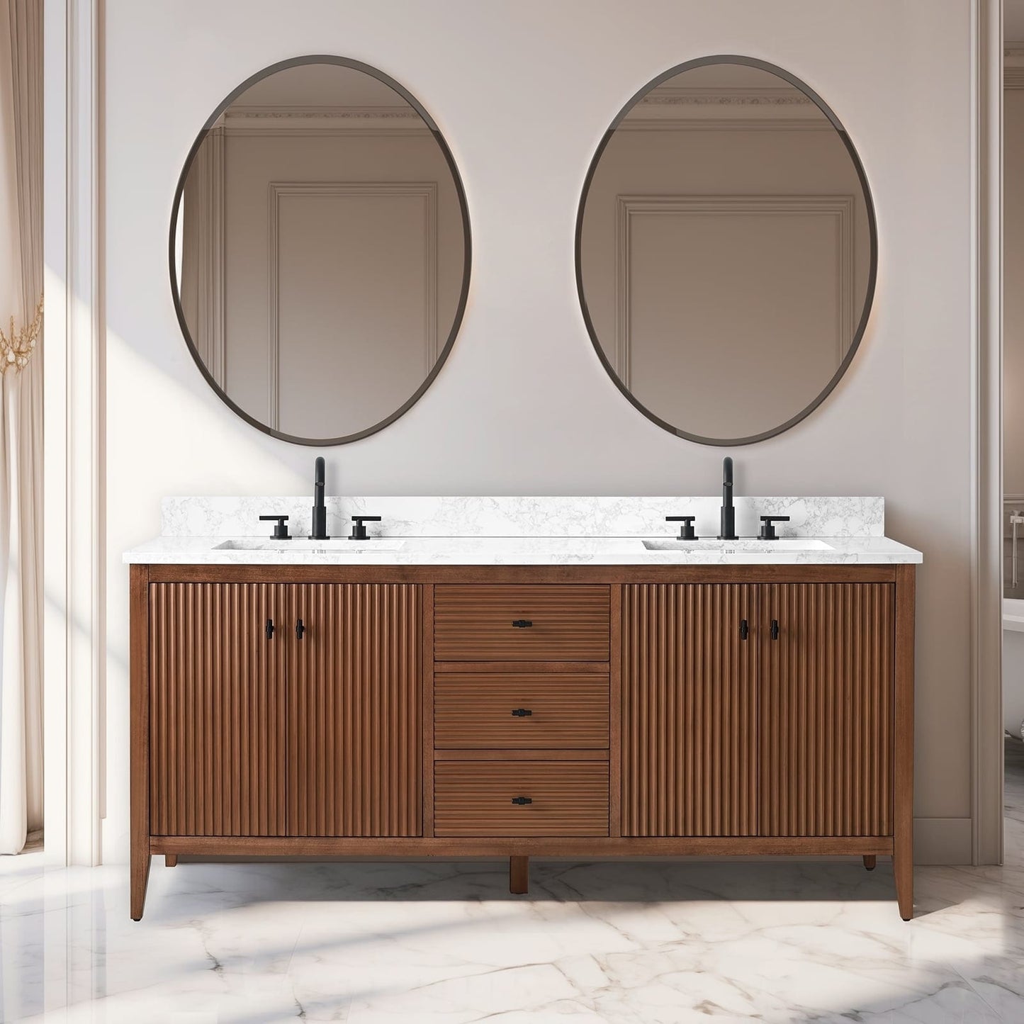 Meuble-lavabo double vasque Vanity Art 72 avec plan de travail en marbre composite.