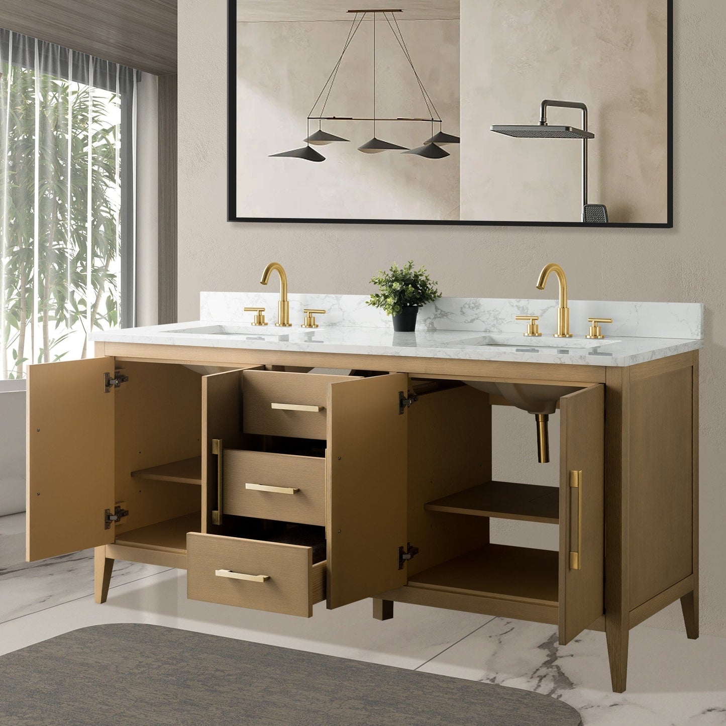 Meuble-lavabo double vasque Vanity Art 72 avec plan de travail en marbre composite.