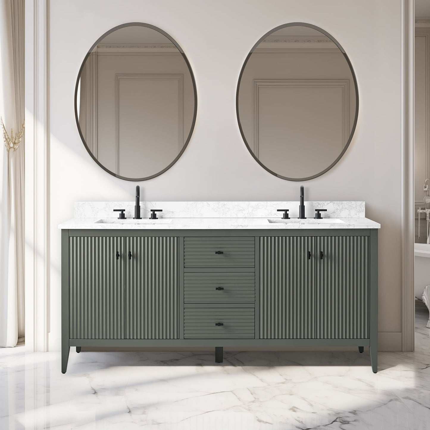 Meuble-lavabo double vasque Vanity Art 72 avec plan de travail en marbre composite.