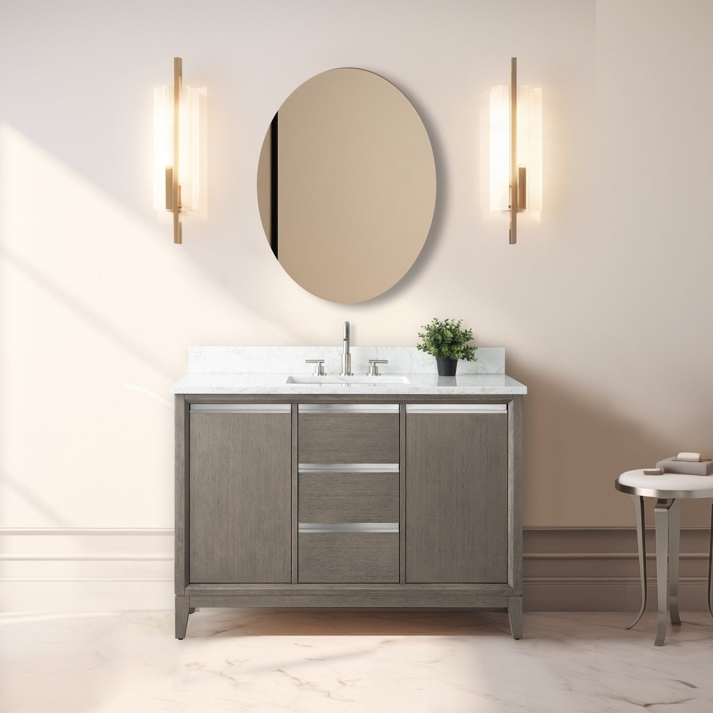 Meuble-lavabo Art pour salle de bain avec lavabo en céramique et plan de travail en marbre composite.