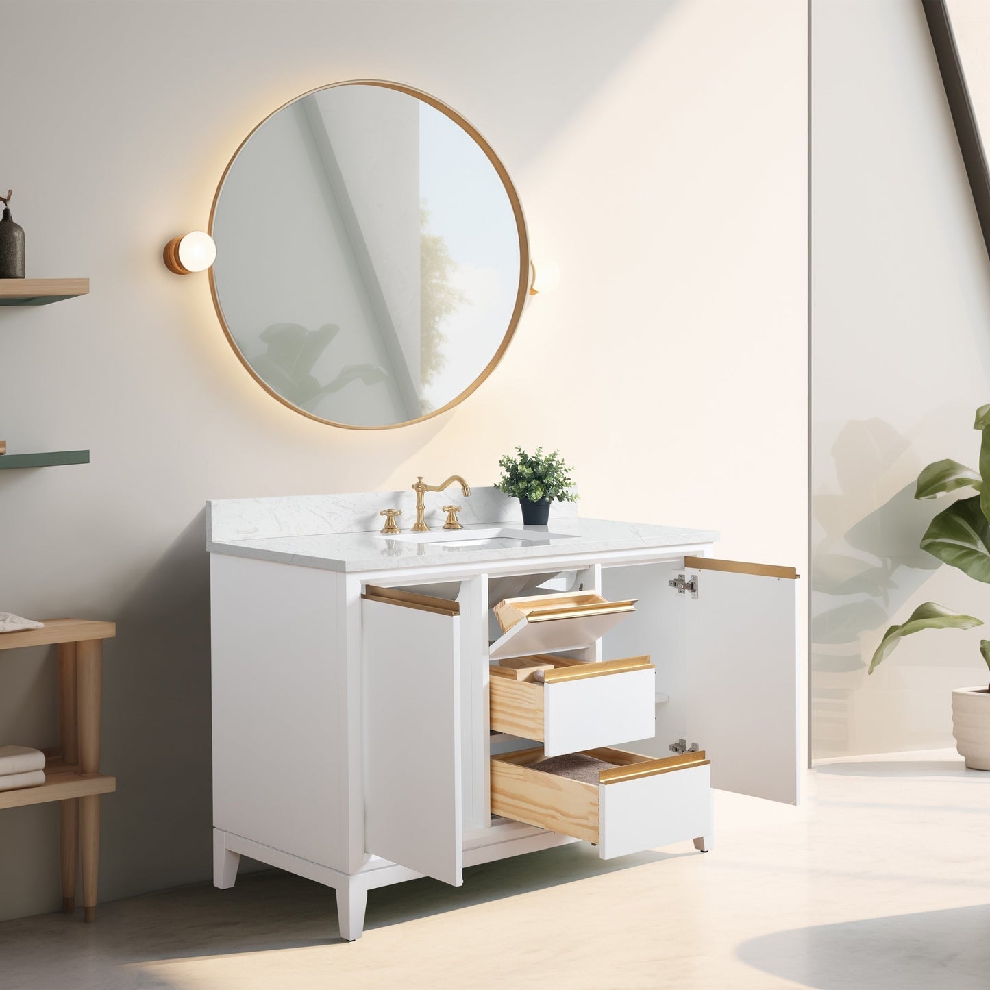 Meuble-lavabo Art pour salle de bain avec lavabo en céramique et plan de travail en marbre composite.