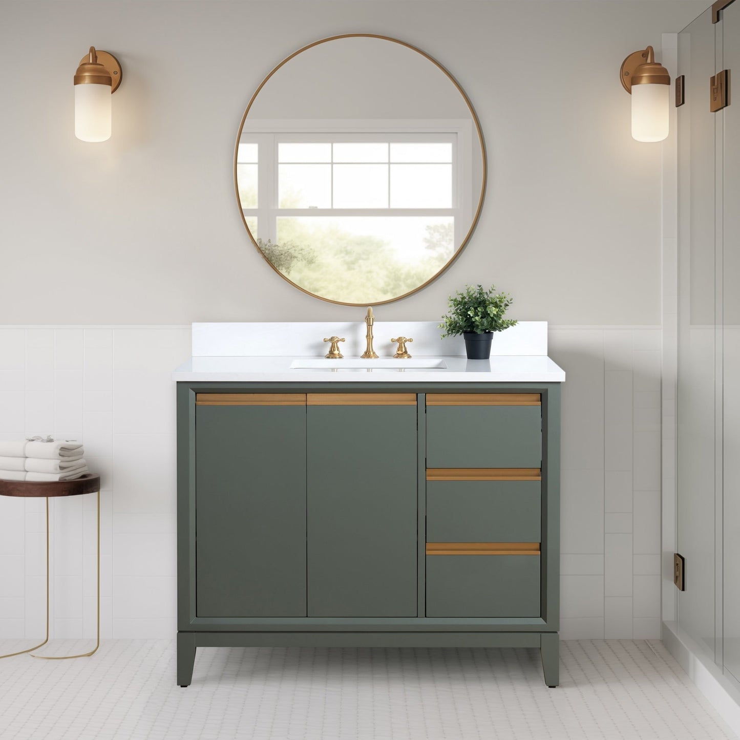 Meuble-lavabo Art pour salle de bain avec lavabo en céramique et plan de travail en marbre composite.