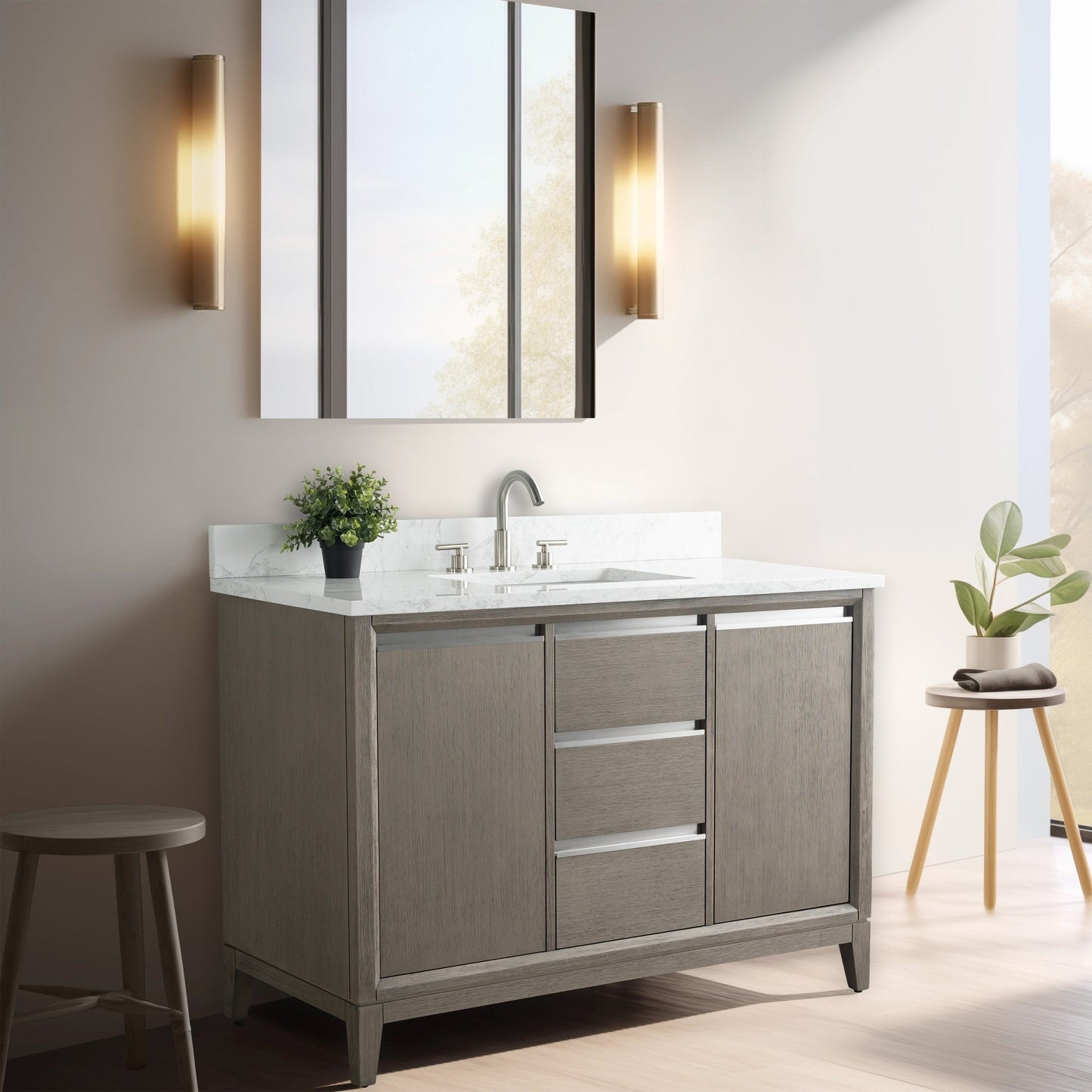 Meuble-lavabo Art pour salle de bain avec lavabo en céramique et plan de travail en marbre composite.