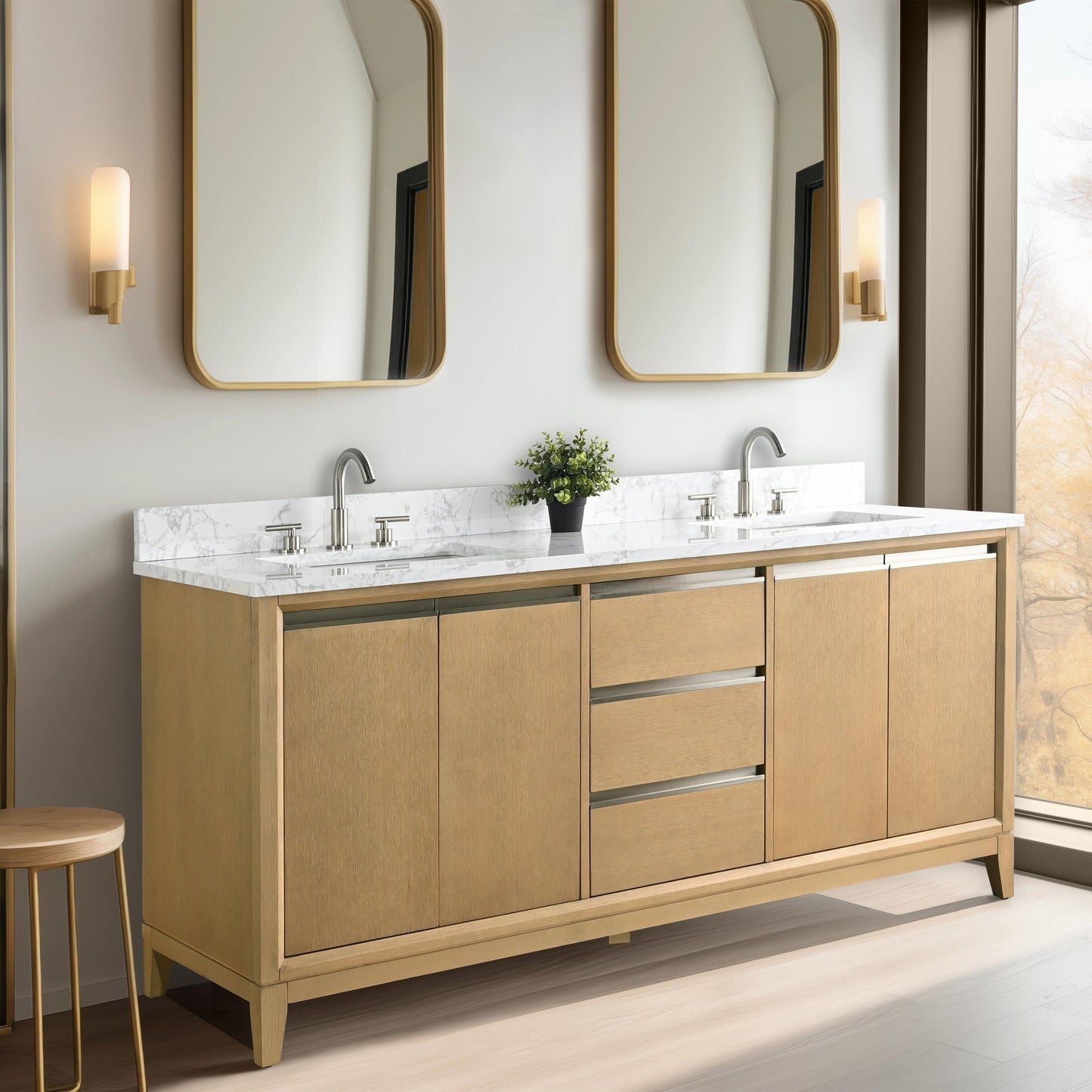 Meuble-lavabo Art pour salle de bain avec lavabo en céramique et plan de travail en marbre composite.