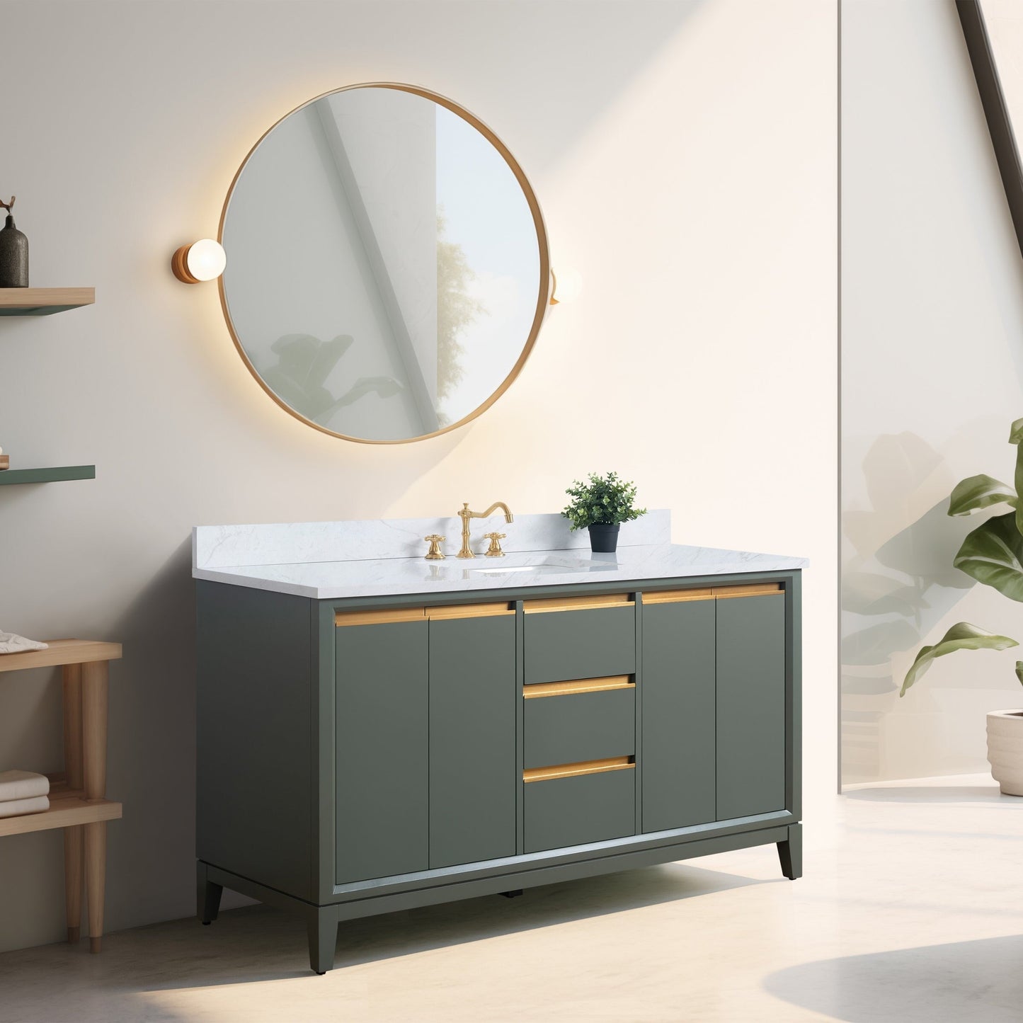 Meuble-lavabo Art pour salle de bain avec lavabo en céramique et plan de travail en marbre composite.