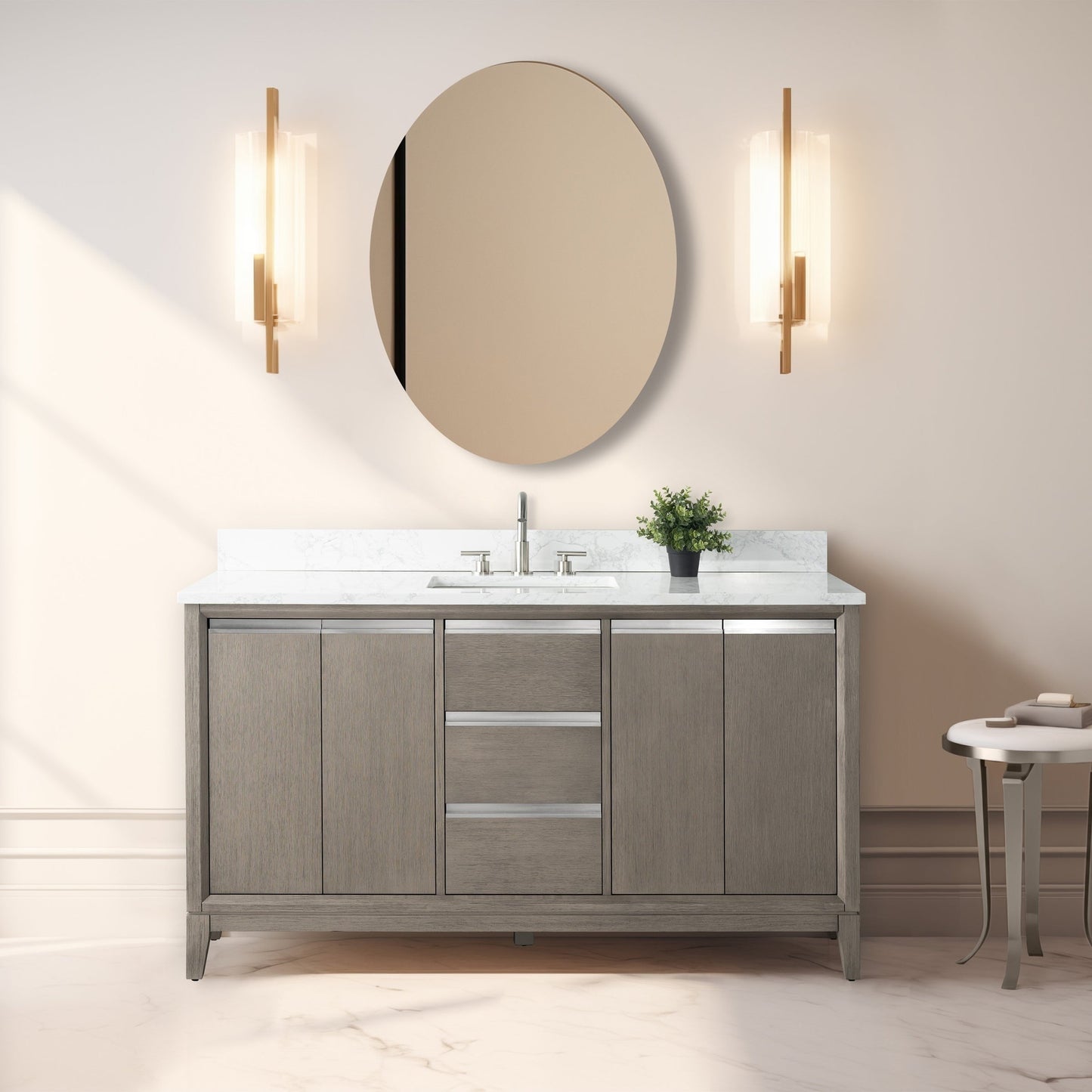 Meuble-lavabo Art pour salle de bain avec lavabo en céramique et plan de travail en marbre composite.