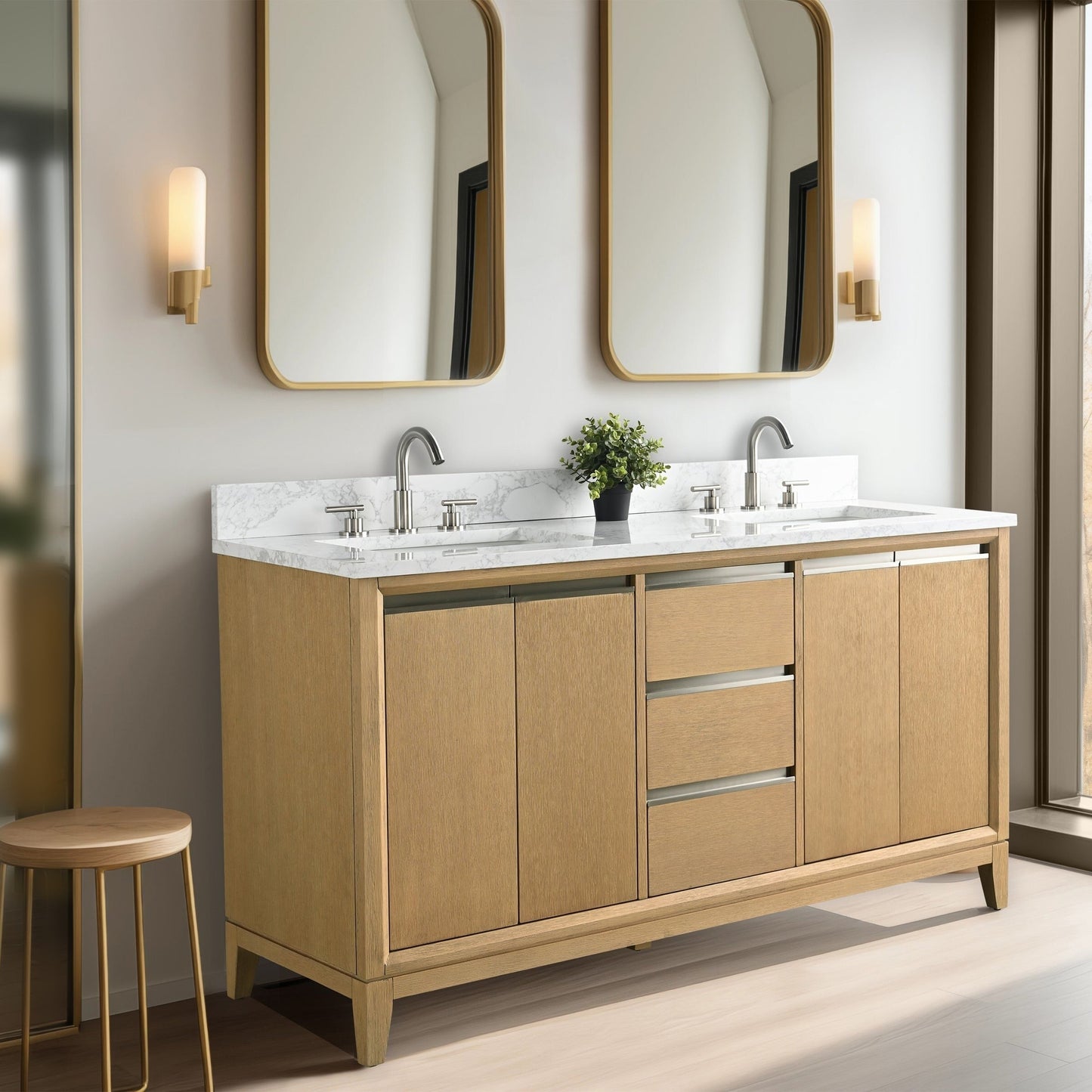 Meuble-lavabo Art pour salle de bain avec lavabo en céramique et plan de travail en marbre composite.
