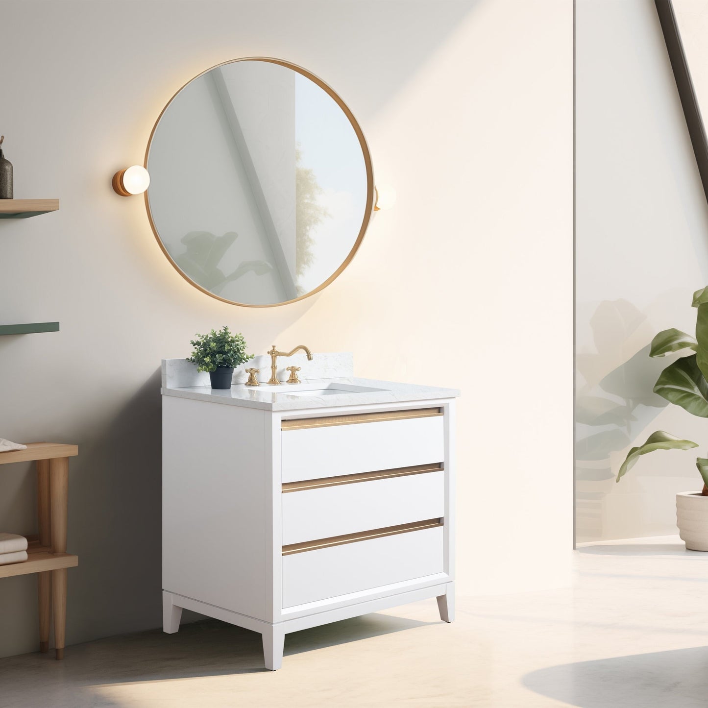 Meuble-lavabo Art pour salle de bain avec lavabo en céramique et plan de travail en marbre composite.