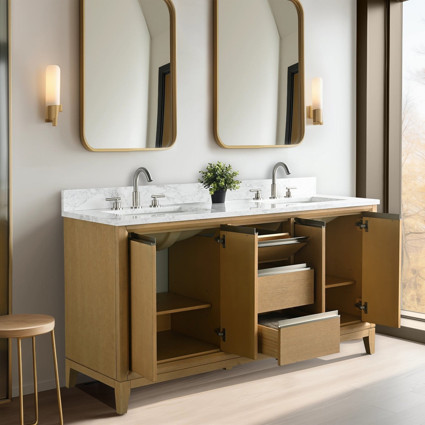 Meuble-lavabo Art pour salle de bain avec lavabo en céramique et plan de travail en marbre composite.