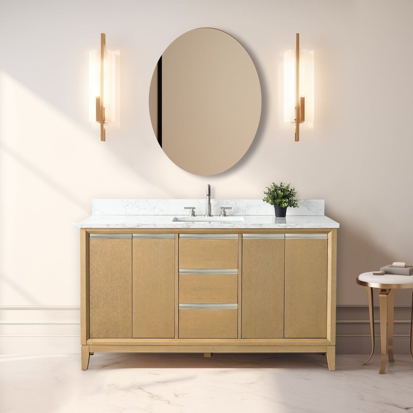 Meuble-lavabo Art pour salle de bain avec lavabo en céramique et plan de travail en marbre composite.