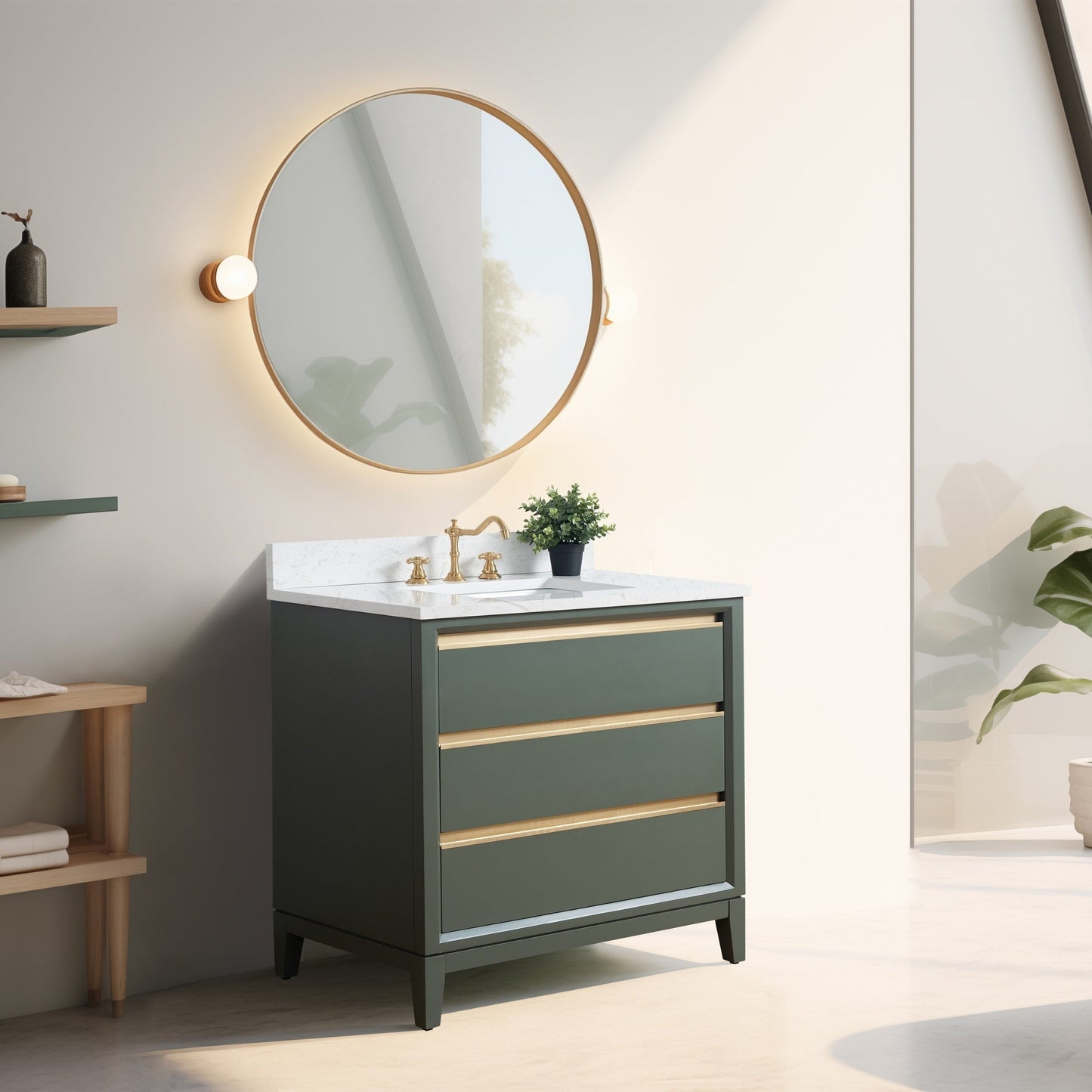 Meuble-lavabo Art pour salle de bain avec lavabo en céramique et plan de travail en marbre composite.