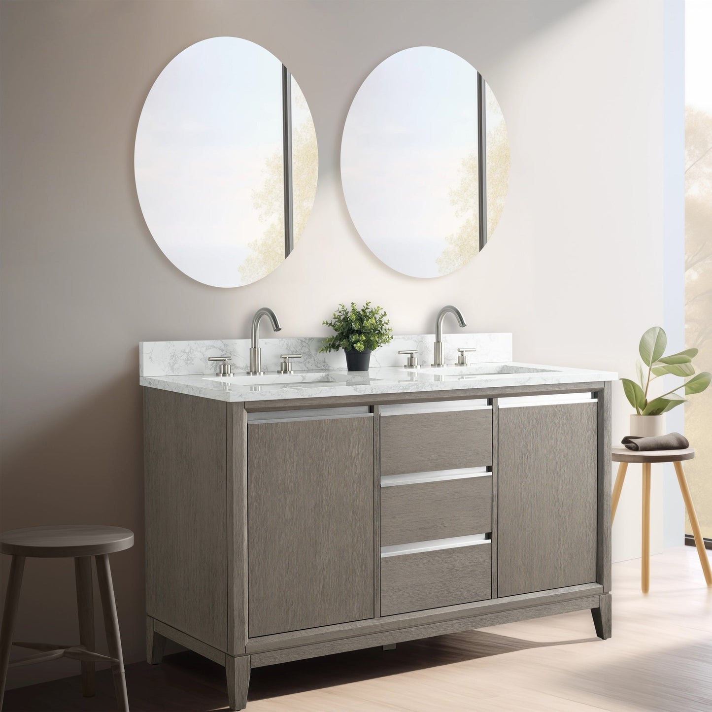 Meuble-lavabo Art pour salle de bain avec lavabo en céramique et plan de travail en marbre composite.