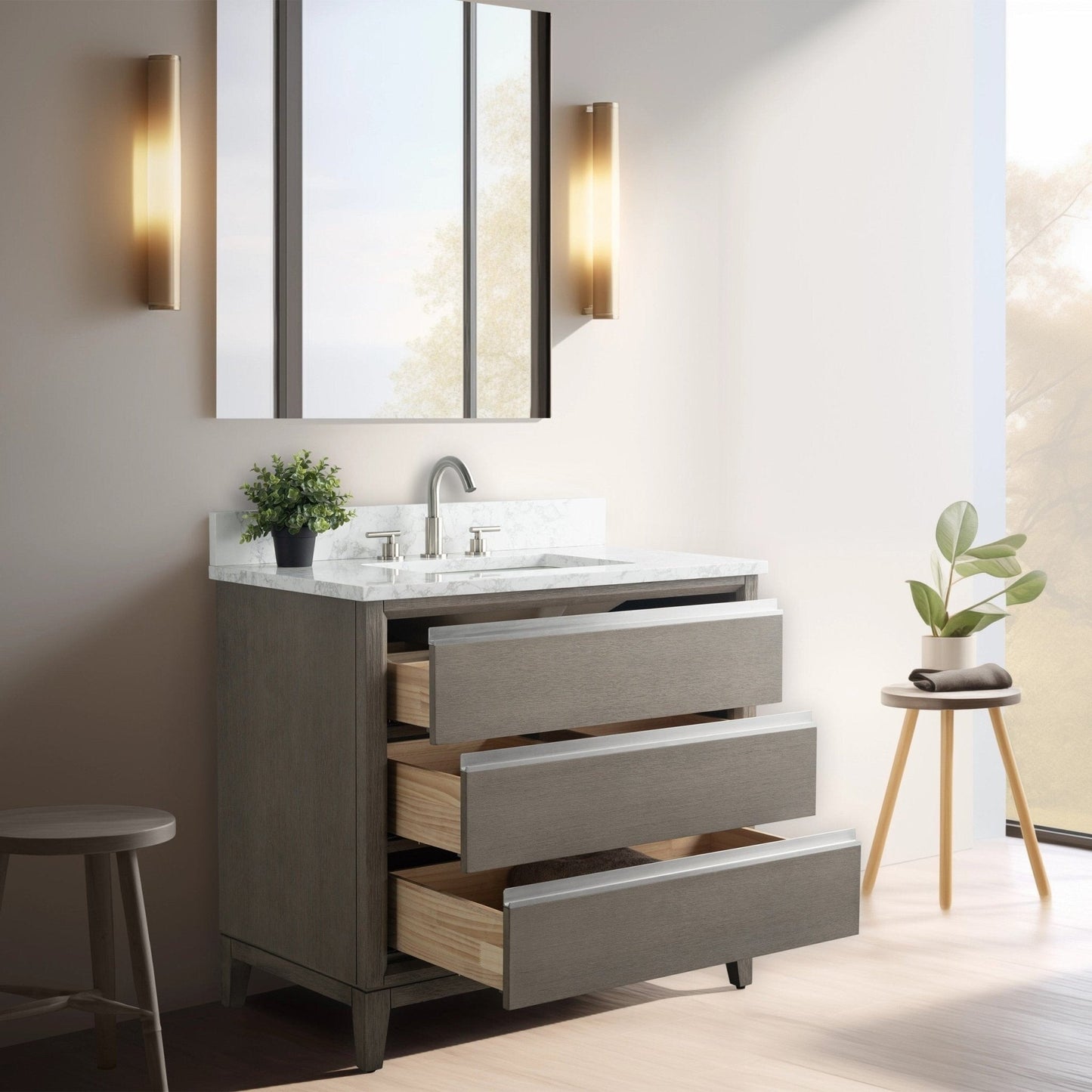Meuble-lavabo Art pour salle de bain avec lavabo en céramique et plan de travail en marbre composite.