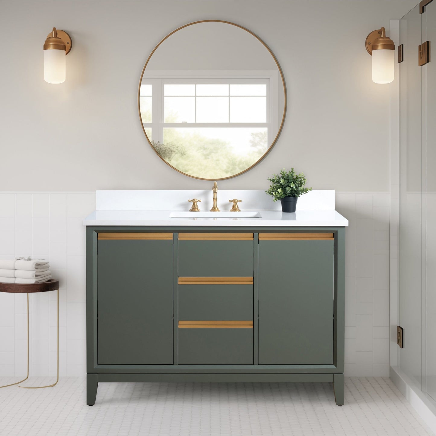 Meuble-lavabo Art pour salle de bain avec lavabo en céramique et plan de travail en marbre composite.