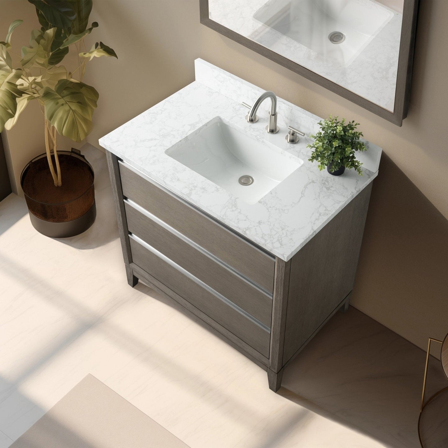 Meuble-lavabo Art pour salle de bain avec lavabo en céramique et plan de travail en marbre composite.
