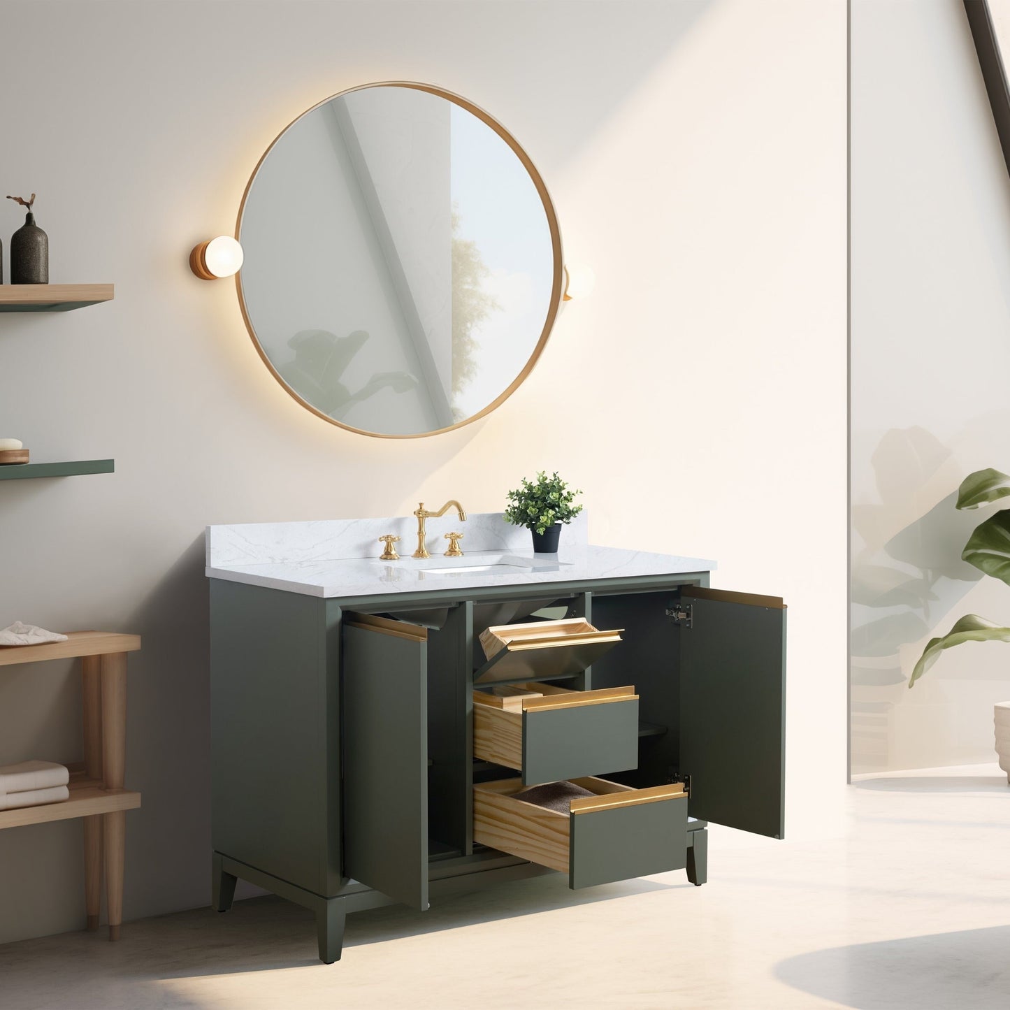 Meuble-lavabo Art pour salle de bain avec lavabo en céramique et plan de travail en marbre composite.