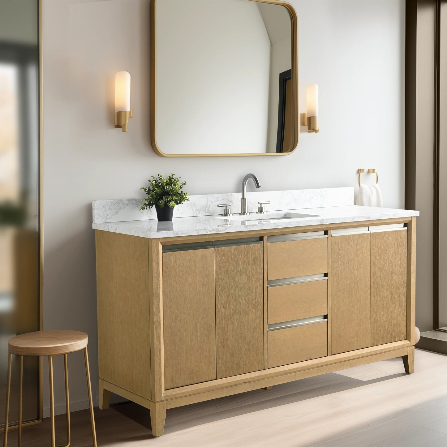Meuble-lavabo Art pour salle de bain avec lavabo en céramique et plan de travail en marbre composite.