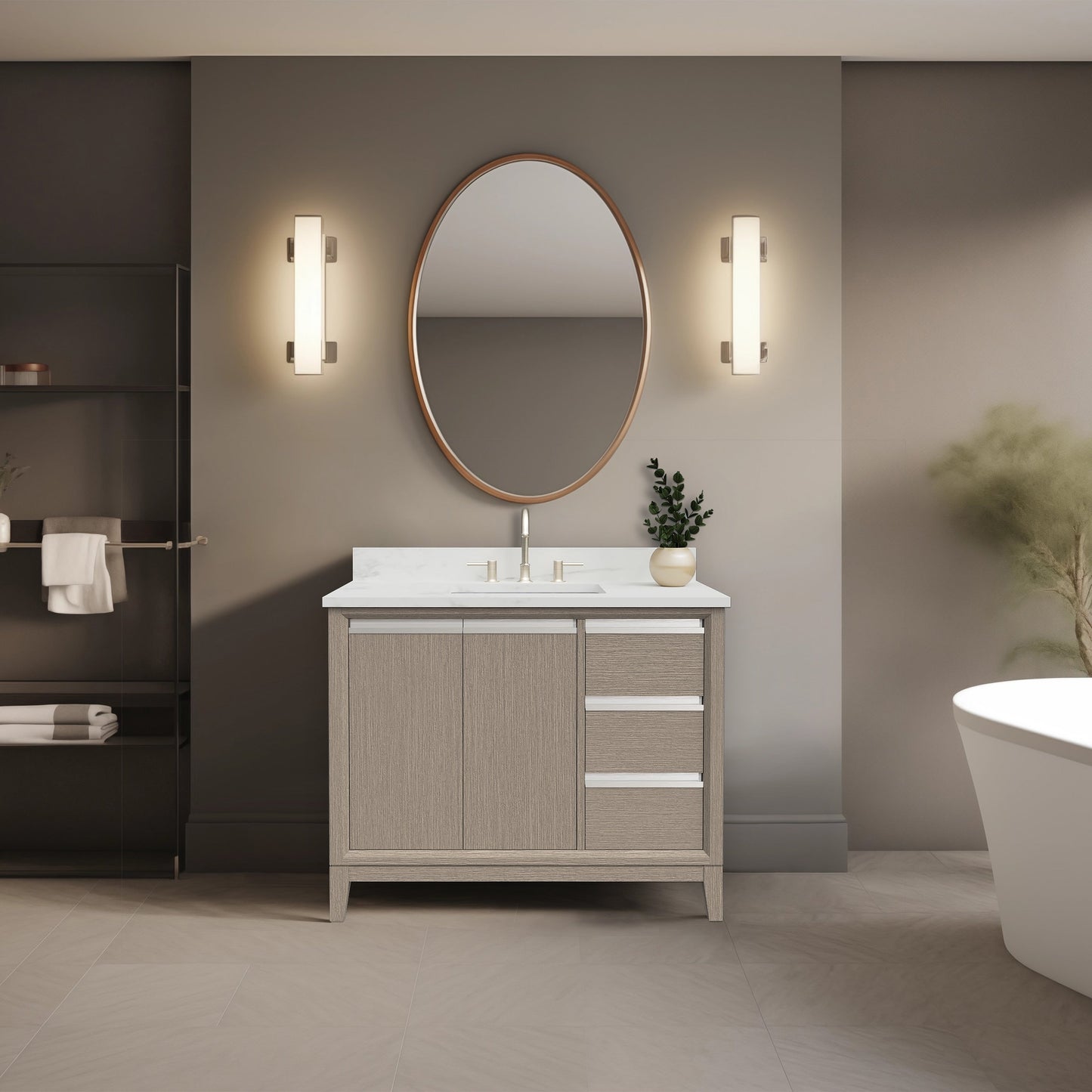 Meuble-lavabo Art pour salle de bain avec lavabo en céramique et plan de travail en marbre composite.